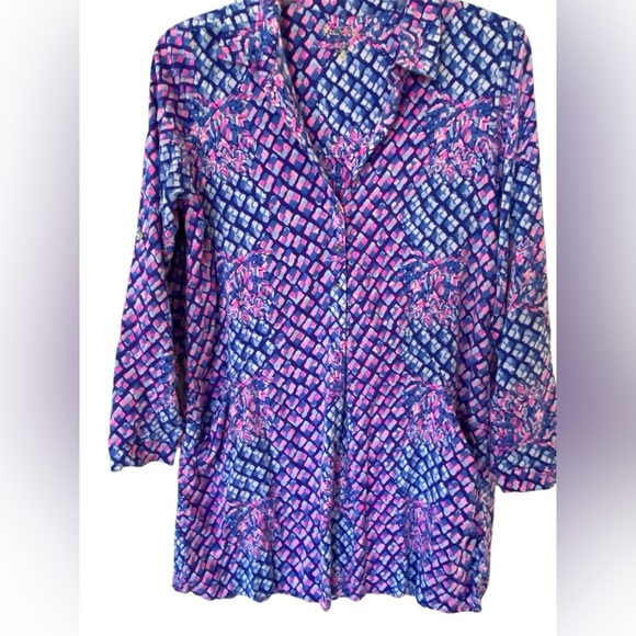 Lilly Pulitzer Lilith Collar Shirt Dress Medium Blue Pink Pineapple Prin… - Picture 2 of 7